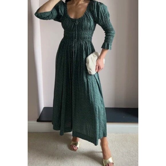 DOEN Kaira Midi Dress Printed Smocked Ruffle Evergreen Puff Sleeve S New - Picture 11 of 11
